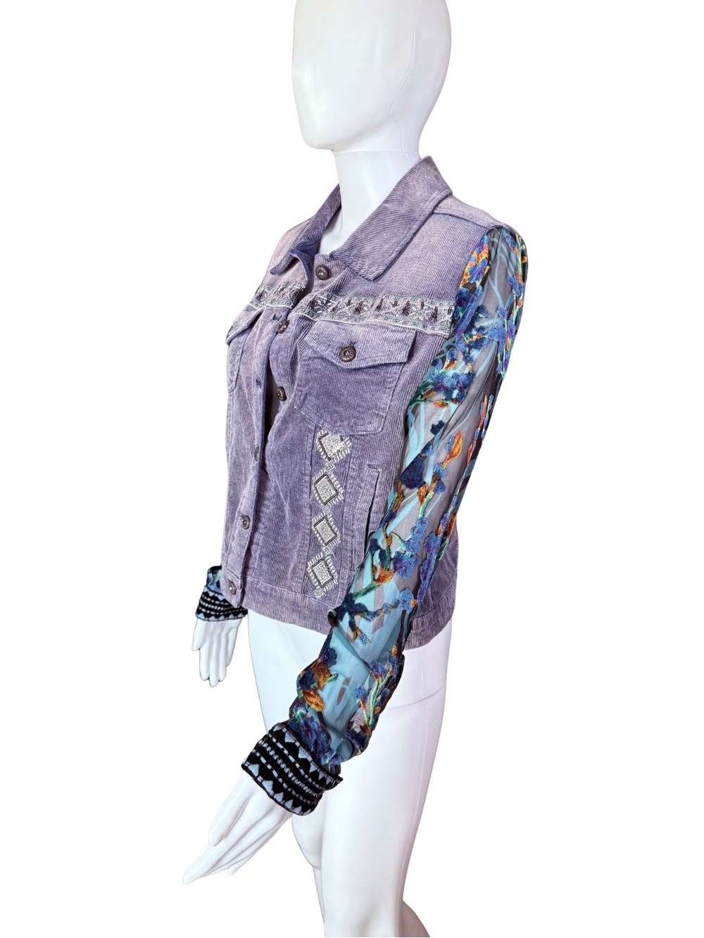 Vintage John Mark Boho Beaded Corduroy & Burnout Velvet Sleeve Jacket S
